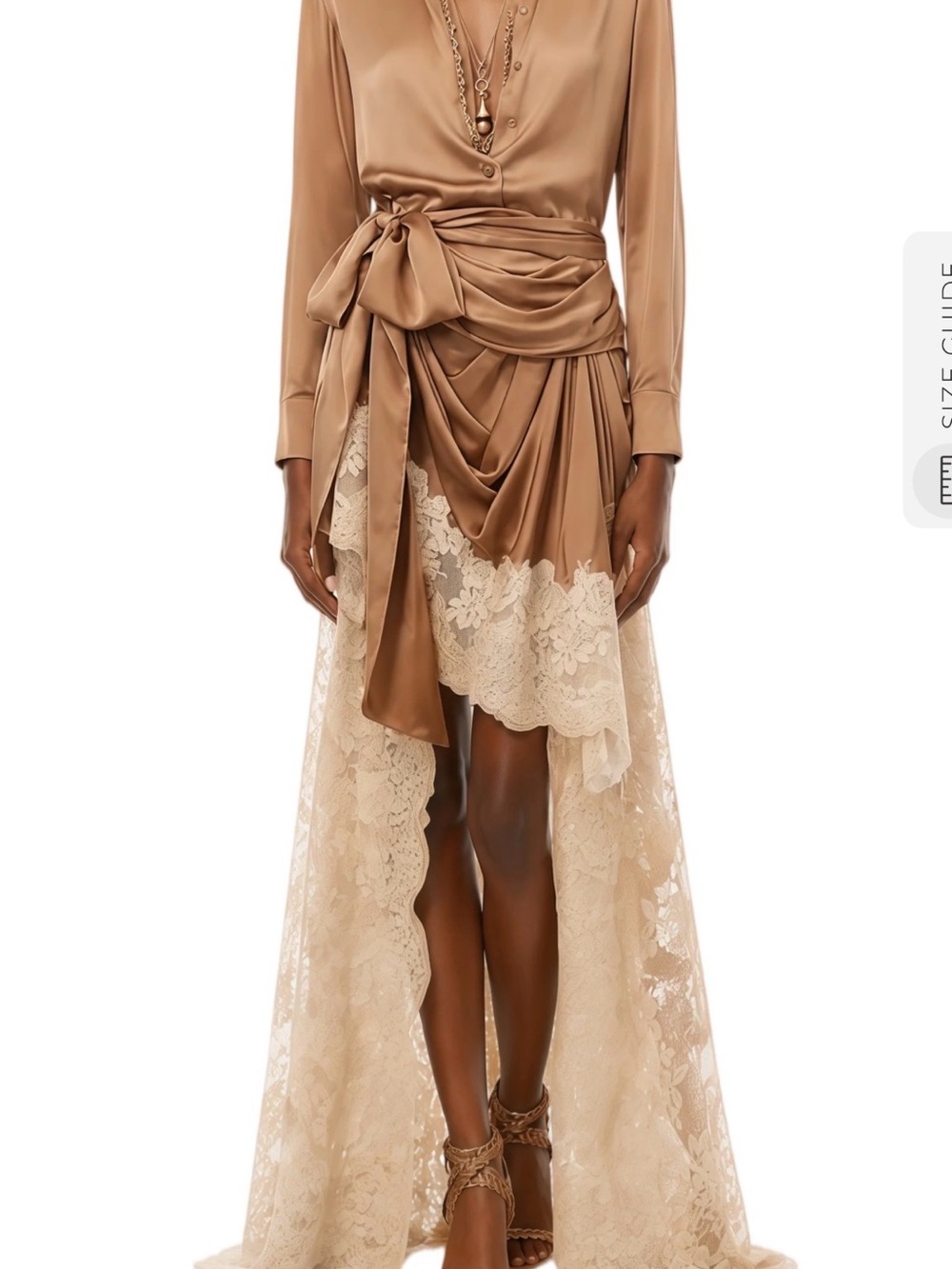 Satin Draped High-Low Dress with Lace Train - Camel